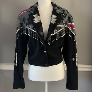Vintage Modi Denim beaded sequins cropped bomber jacket size large 10-12